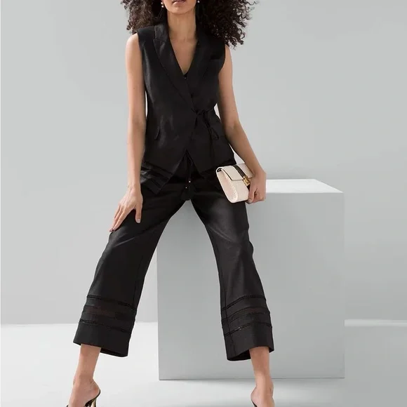 White House Black Market Black Wide-Leg Pants with Tassel Tie size 4 Long - Picture 4 of 4